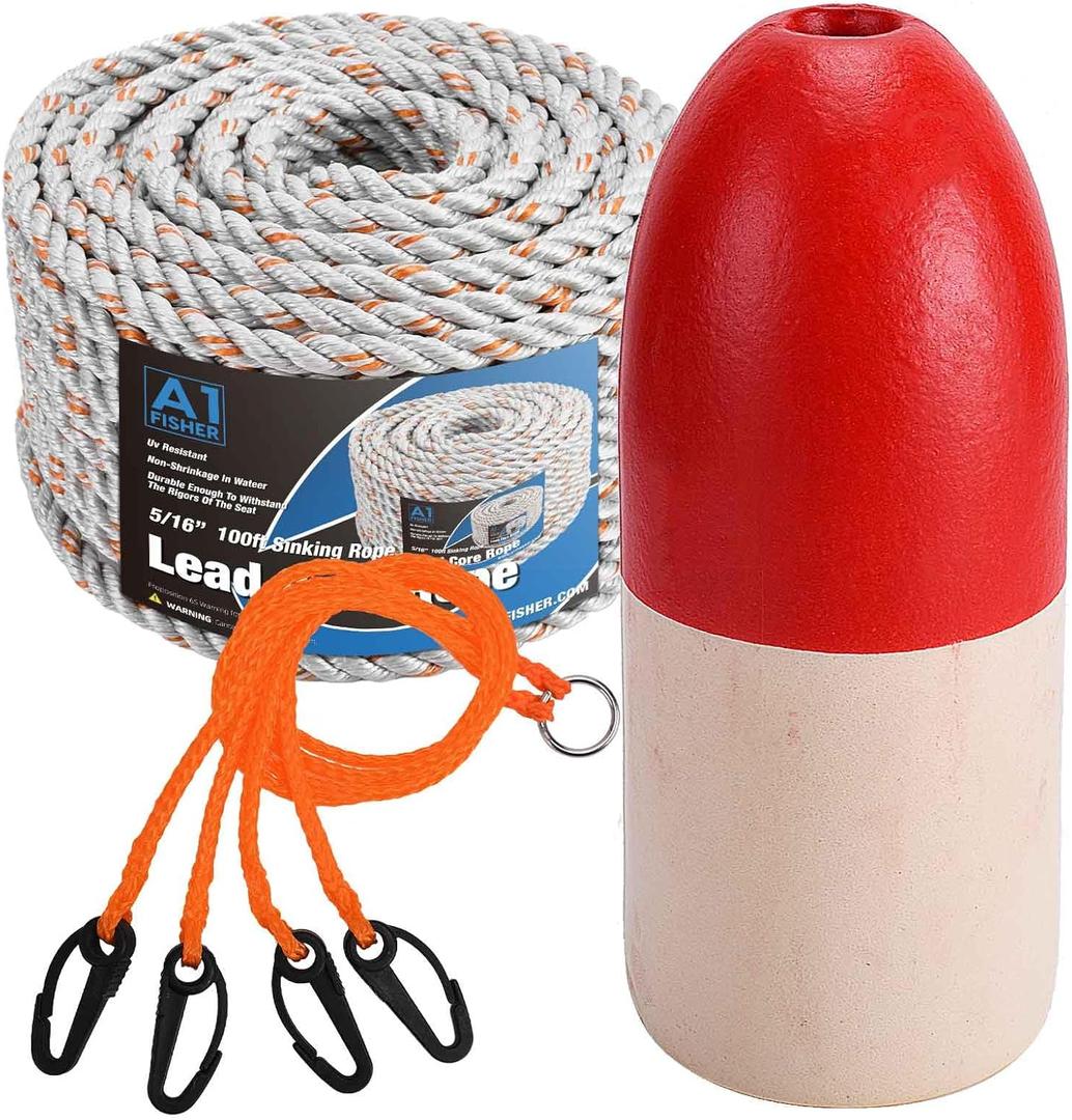 5/16" Dia-100 Leaded Core Rope with 13.8x5.9 Red/White Crab Trap Deep Water Float Buoy, 4 Arm Trap Harness Combo