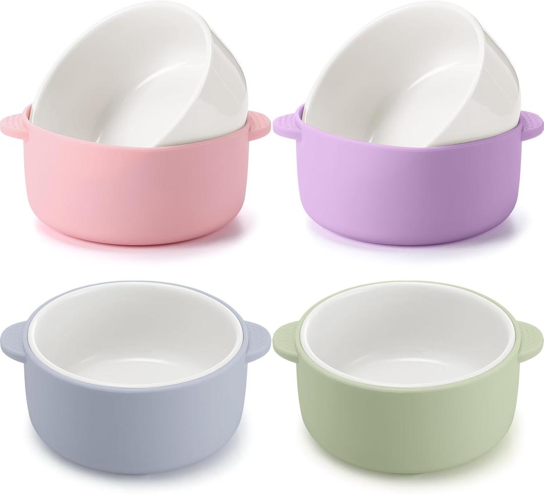 Domensi 4 Sets Kids Porcelain Bowls with Removable Silicone Sleeve 2-in-1 Porcelain Toddler Bowls Microwave Dishwasher Safe Cereal Snack Soup Dishes for Baby Children Feeding Supplies (Macaron Colors)