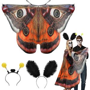 Halloween Couples Costumes for Adults - Oversized Moth Wing Cape with Antenna for Women, Light Up Bulb Headband for Men (Orange)