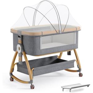 Bedside Bassinet for Baby,Bassinet Bedside Sleeper,Rocking Bassinet,4 in 1 Portable Bedside Crib with Mattress,Mobile,Storage,Mosquito Net,6-Height Adjustable Baby Bassinet with Wheels for Newborn