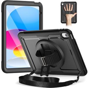 Timecity Case for iPad (A16) 11th Generation 11 inch 2025/ iPad 10th Generation 10.9 inch 2022: Full-Body Protective Case with Screen Protector, 360 Rotating Stand, Hand/Shoulder Strap -Black