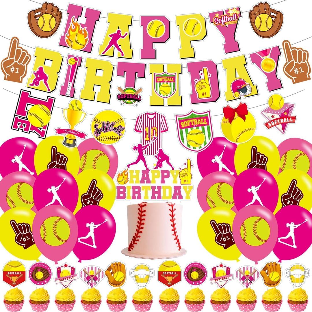 2 x Softball Birthday Party Decorations, Softball Theme Party Supplies including HAPPY BIRTHDAY Banner, Caketoppers Balloons for Girls Birthday Party