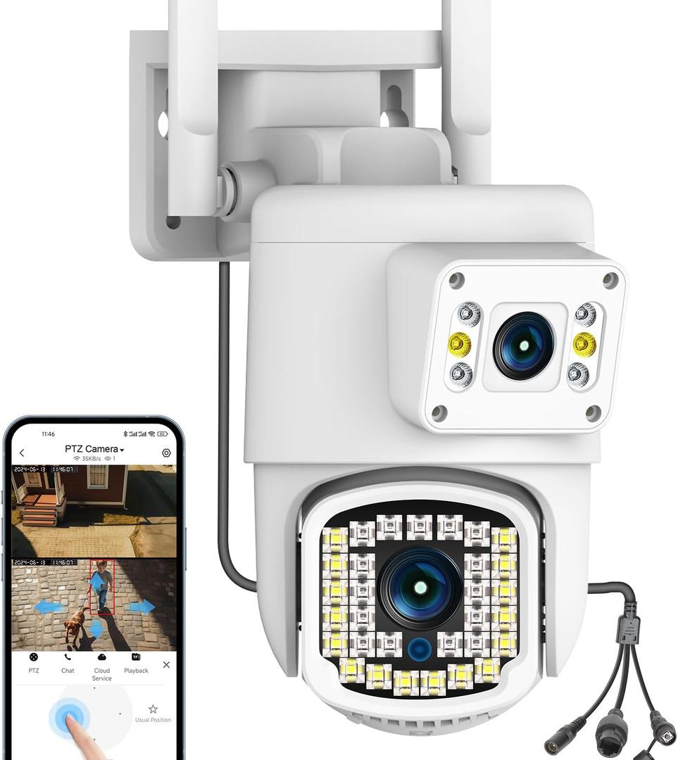 Kinnkall Dual Lens Outdoor PTZ Security Camera, 4MP WiFi Surveillance Camera with Night Vision, Motion Detection, Human Tracking & Detection, 355°View, SD/ Cloud, 24/ 7 Record, White