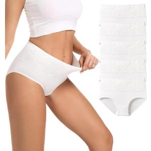 HAVVIS Women's Briefs Underwear Cotton High Waist Tummy Control Panties Rose Jacquard Ladies Panty Multipack (Medium, Brief 04 - 5 Pack - White)