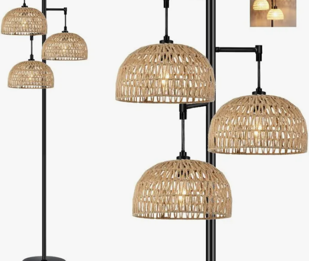 QIYIZM Floor Lamp for Living Room,Bedroom,3-Lights Boho Rattan Floor Lamps,Tree Farmhouse Industrial Black Standing Lamp Wicker Rustic Tall Lamp,Woven Bamboo LampShade Floor Light Bohemian