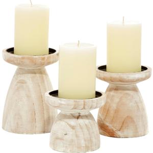 Deco 79 Wood Pillar Candle Holder with White Wash Finish, Set of 3 - 6", 5", 4"H, Brown