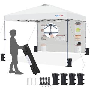 Yaheetech 10x10 Pop-up Canopy Tent w/Removable Pockets Sidewall for Extra Storage, Outdoor Sun Shelter Waterproof & Durable w/Wheeled Bag, Sandbags & Guylines for Beach Camping Party (White)