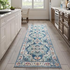 jinchan Runner Rug 2x8 Washable Hallway Rug Vintage Traditional Floor Cover Thin Navy Blue Multi Distressed Floral Indoor Mat for Kitchen Bathroom Bedroom Living Room