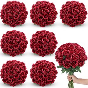 Lyrow 200 Pcs Artificial Roses Realistic Flowers Bulk Real Looking Fake Silk Rose Bouquets with Long Stem Flowers for Wedding Table Centerpieces Bridal Shower Party Home Garden Decor (Red)