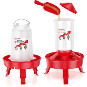Chick Feeder and Waterer Kit, Top Fill 3.3LBS Feeder and 0.4Gal Waterer with Scoop and 3 Adjustable Heights Legs Red
