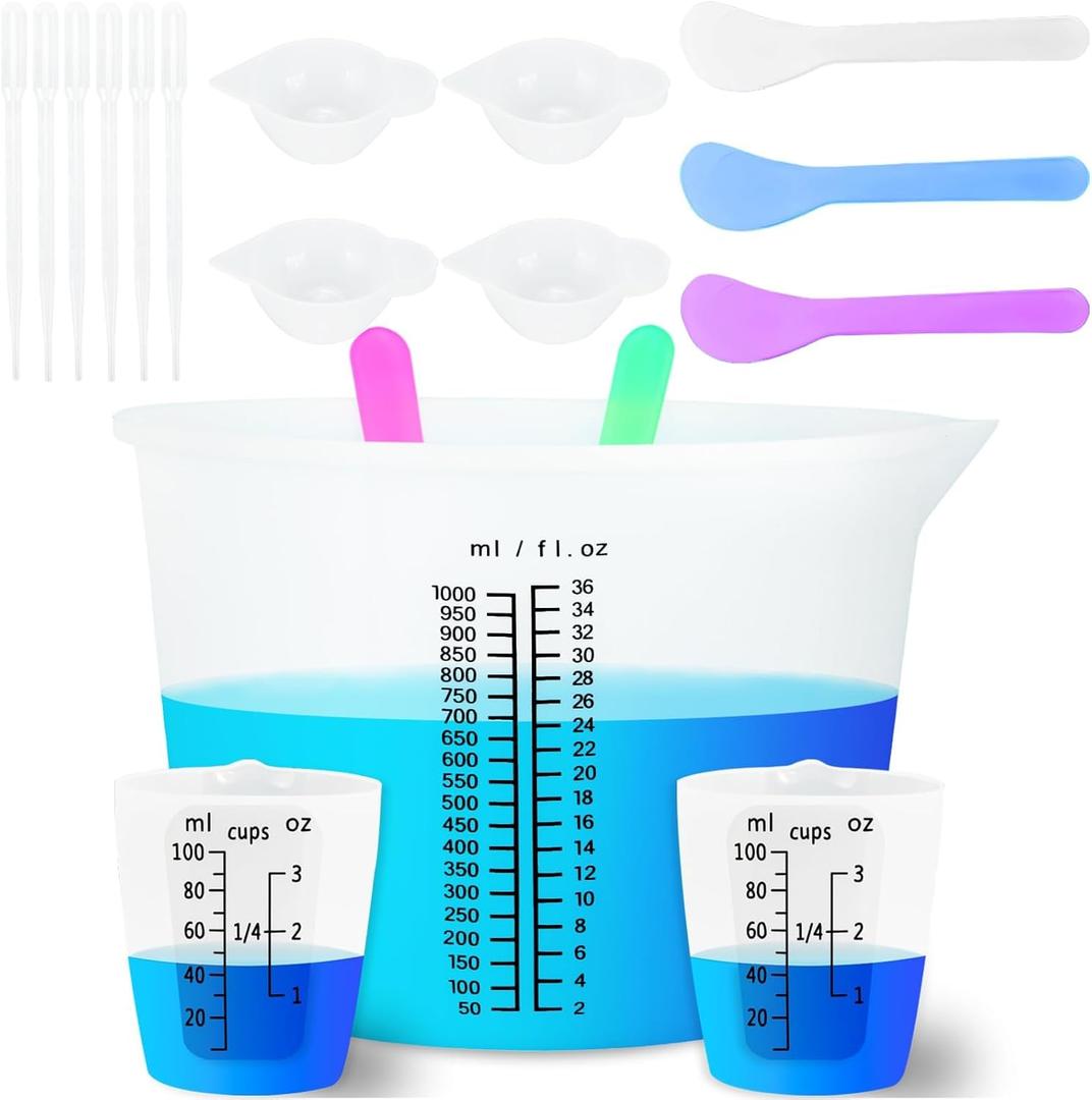 Creahaus 1000ML Large Silicone Measuring Cups for Resin, Easy to Read 36oz Silicone Mixing Bowl with 100ML Mixing Cup, Easy Clean Reusable Epoxy Resin Supplies with Stir Stick, Pipettes (Black)