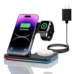 Wireless Charger 3 in 1 Charging Station lPhone Fast Foldable Charging Stand for Apple Multiple Devices with an 18 W Quick Charger for lPhone 16/ 15/ 14/ 13 Pro Max Apple Watch AriPods Pro 2,Black