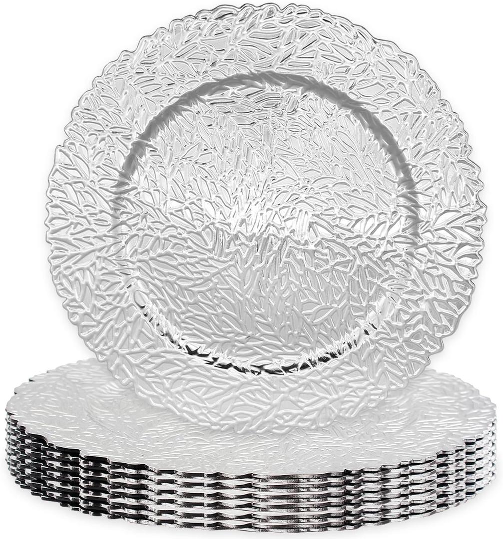 13 Inch Silver Plastic Charger Plates Set  12 Pack, Elegant Round Disc Chargers for Table Setting, Decorative Placemats for Regular Dinner Plates, Holidays, Events, and Entertaining (Design C)