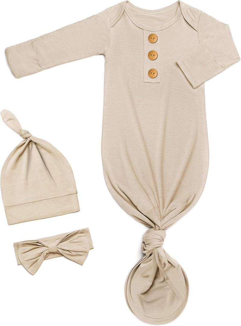 Newborn Baby Knotted Gown, Super Soft Silky Infant Long Sleeve Sleeper with Tie Bottom, Baby Girl and Boy Sleep Gown