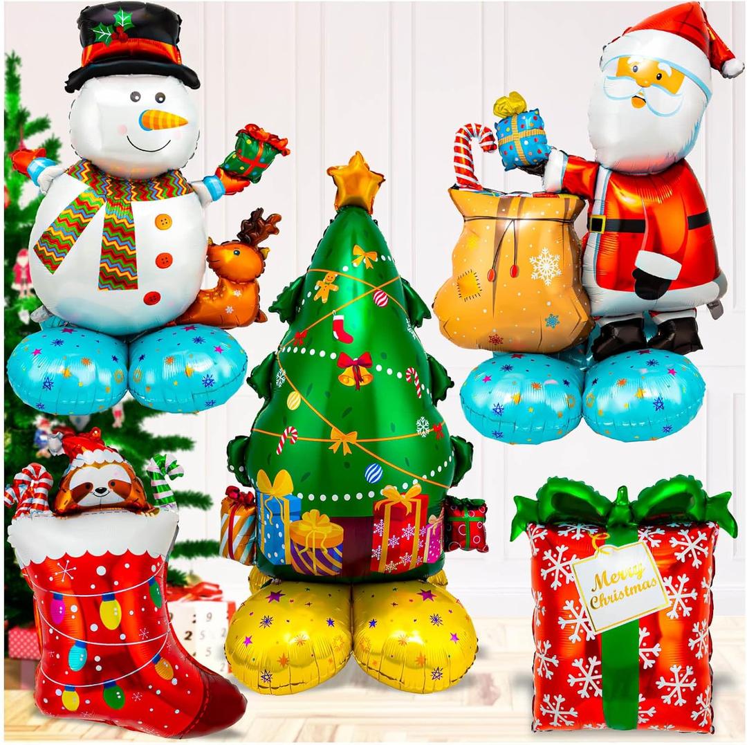 Christmas Mylar Balloons, Giant Large 8 Pcs Christmas Santa Claus Snowman Tree Gift Box Foil Balloon for Xmas New Year Party Decorations (5 Color)