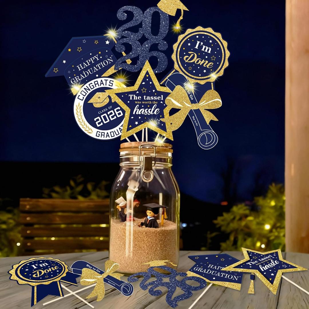 3 x Graduation Party Centerpieces Decorations for Tables Class of 2026 - Glitter Navy Blue and Gold Graduation Table Centerpieces Sticks with LED String for Grad Party Decor Supply 30 Pack