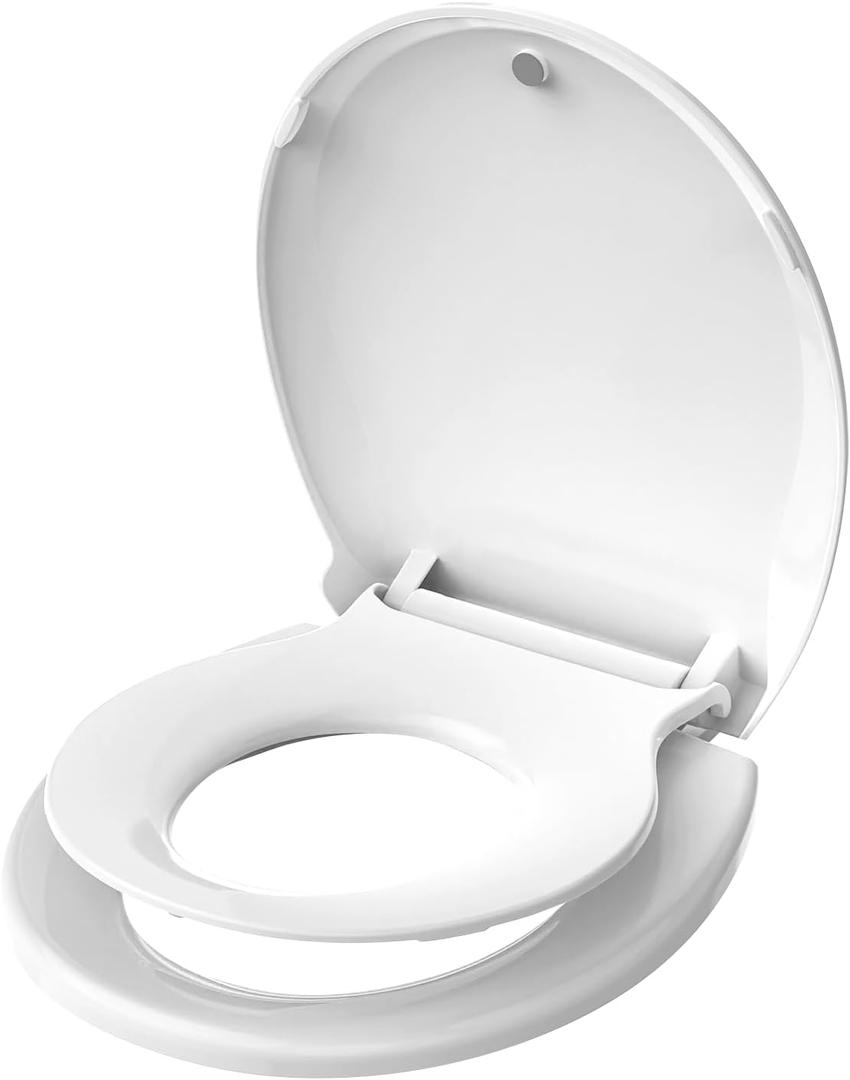 Ansffer Toddler Toilet Seat with Potty Training Seat Round 16.5inch, 2 in 1 Toilet Seat for Family Built-in Baby Seat Removable, Soft Close + Easy Clean, PP Safe Material, White