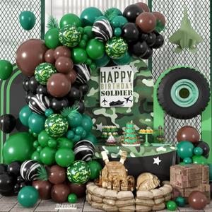 Paready Camouflage Balloon Arch, 120 Pcs Military Camo Balloon Arch Garland, Camo Dark Green Print Agate Black Brown Balloons for Boys Men Birthday Army Military Hunting Camping Theme Party Decoration