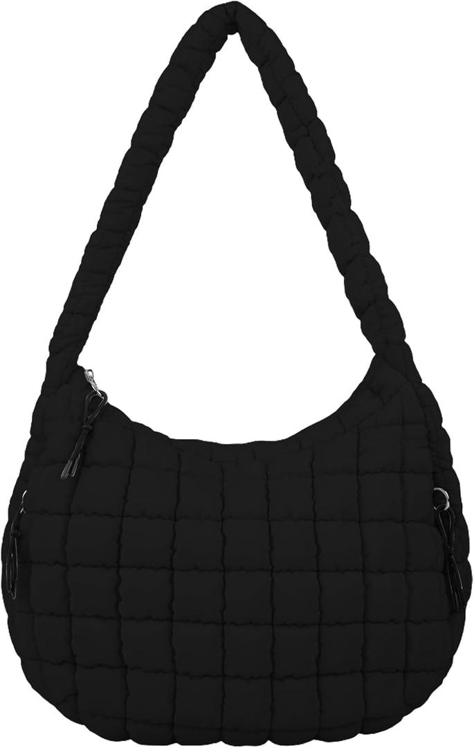 Quilted Puffer Tote Bag Puffy Crossbody Shoulder Bag with Zipper, Nylon Hobo Handbag Travel Carryall Bags for Women Girls (Medium, Black)