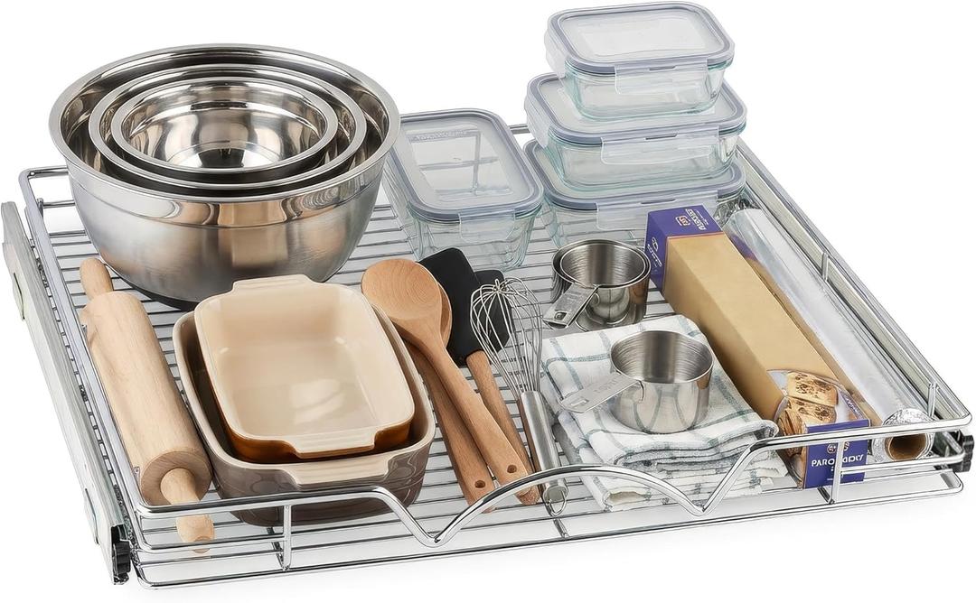 HOLDN STORAGE Pull Out Cabinet Organizer, Heavy Duty Caddy -20W x 21D - Requires At Least 21-1/4 Cabinet Opening, Steel Metal Cabinet Drawers Slide Out, Chrome