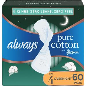 Always Pure Cotton Feminine Pads for Women, FlexFoam Pads with Wings, Size 4, Overnight Absorbency, Unscented, 60 Count (3 Packs of 20)