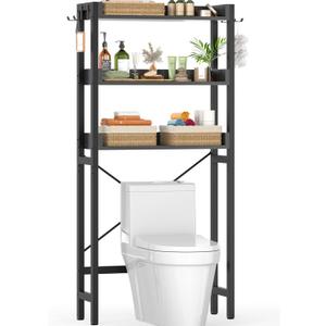 Ecoprsio Over-The-Toilet Storage Rack, 3-Tier Bathroom Organizer Shelf Over Toilet, Freestanding Space Saver Toilet Stands with 4 Hooks, Black