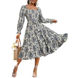 Simplee Womens Long Sleeve Maxi Dress Casual Square Neck Smocked Flowy Fall Wedding Guest Dresses, Small