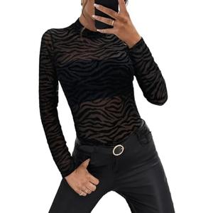 GAMISS Mesh Top for Women Long Sleeve Mock Neck Mesh Shirt Sheer Top Solid Floral Tee Shirts , XL