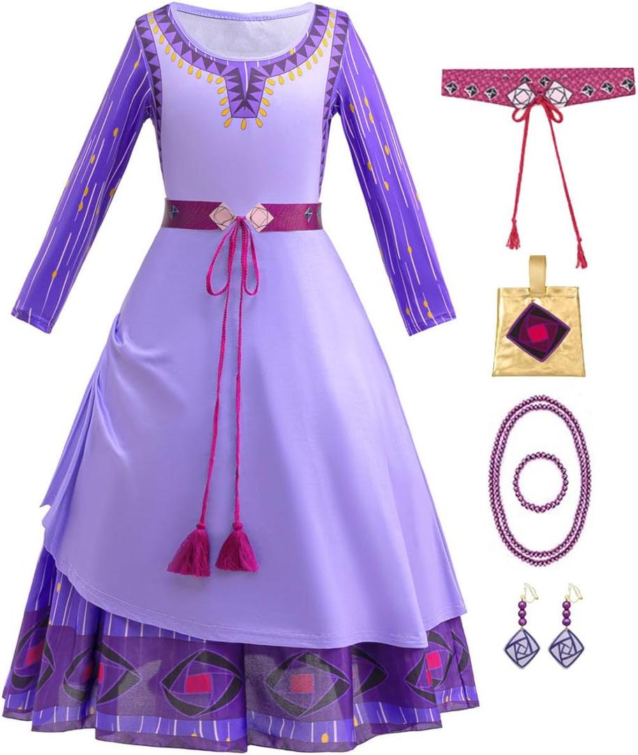 Wish Asha Costume for Girls Princess Halloween Christmas Dress Purple Cosplay Outfit (Purple)