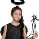 Spooktacular Creations Black White Angel Wings Halo Headband with Wand for Kids Feather Fairy Wings Halloween Party Costume (Black)