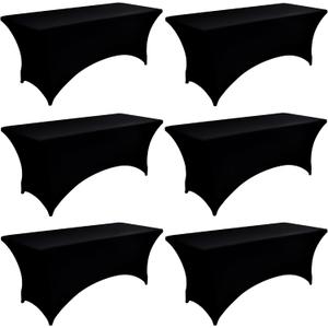 6-Pack 6ft Black Spandex Table Covers for Rectangle Standard Folding Tables - Wrinkle Resistant Stretch Tablecloths - Ultimate Fitted Table Protector for Parties, Trade Shows, Wedding