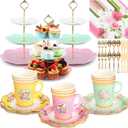Layhit 83 Pcs Disposable Tea Party Set for Women Girls Vintage Floral Tableware with 3 Tier Cake Stand, Paper Cups & Saucers, Plates, Napkins, Cutlery for Birthday Baby Shower(Vivid)