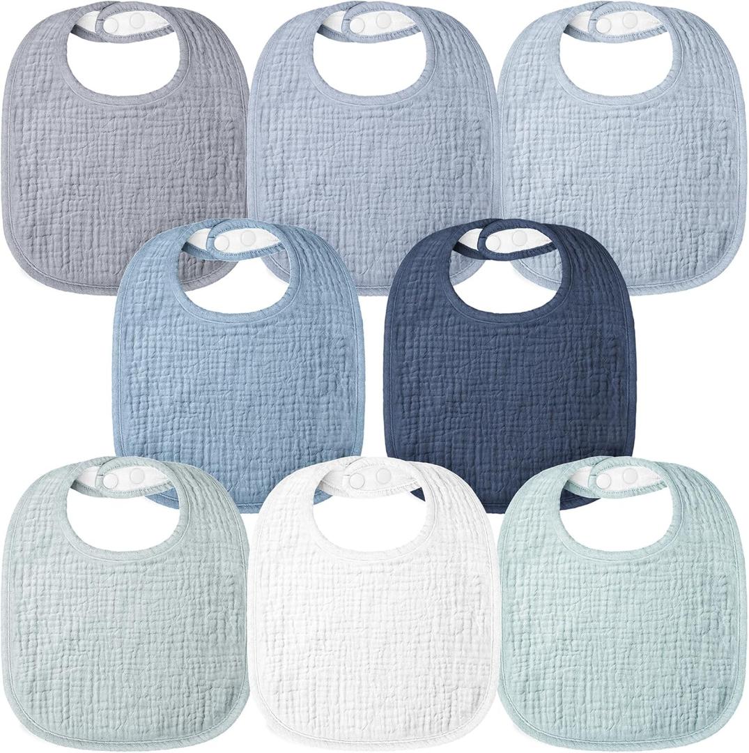 Bearmoss Baby Bibs for Drooling and teething 100% Cotton Muslin Bibs for Baby Boy & Girl,Adjustable, Ultra Absorbent,8 Pack