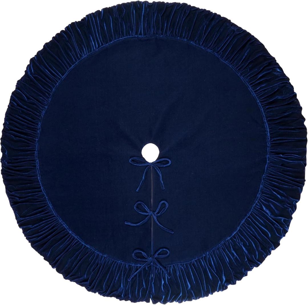 60-Inch Ruffled Velvet Christmas Tree Skirt, Thick Foam-Lined Heavy Duty Fabric with Plush Lace Ties, Royal Blue