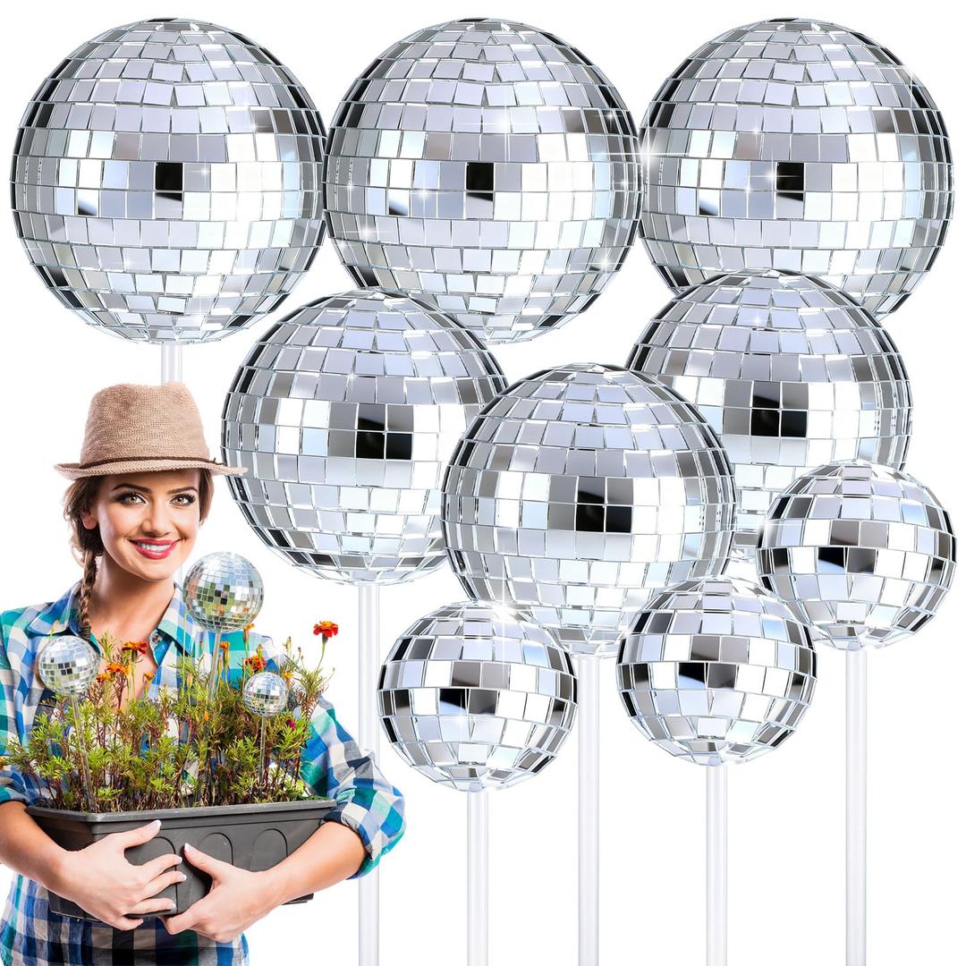 AceOrbit 9pcs Disco Ball Picks – Sun Catcher Mirror Ornaments with 3 Sizes for Floral Arrangements, Retro Silver Reflective 70s Decor, Home Decor, &Party Centerpieces