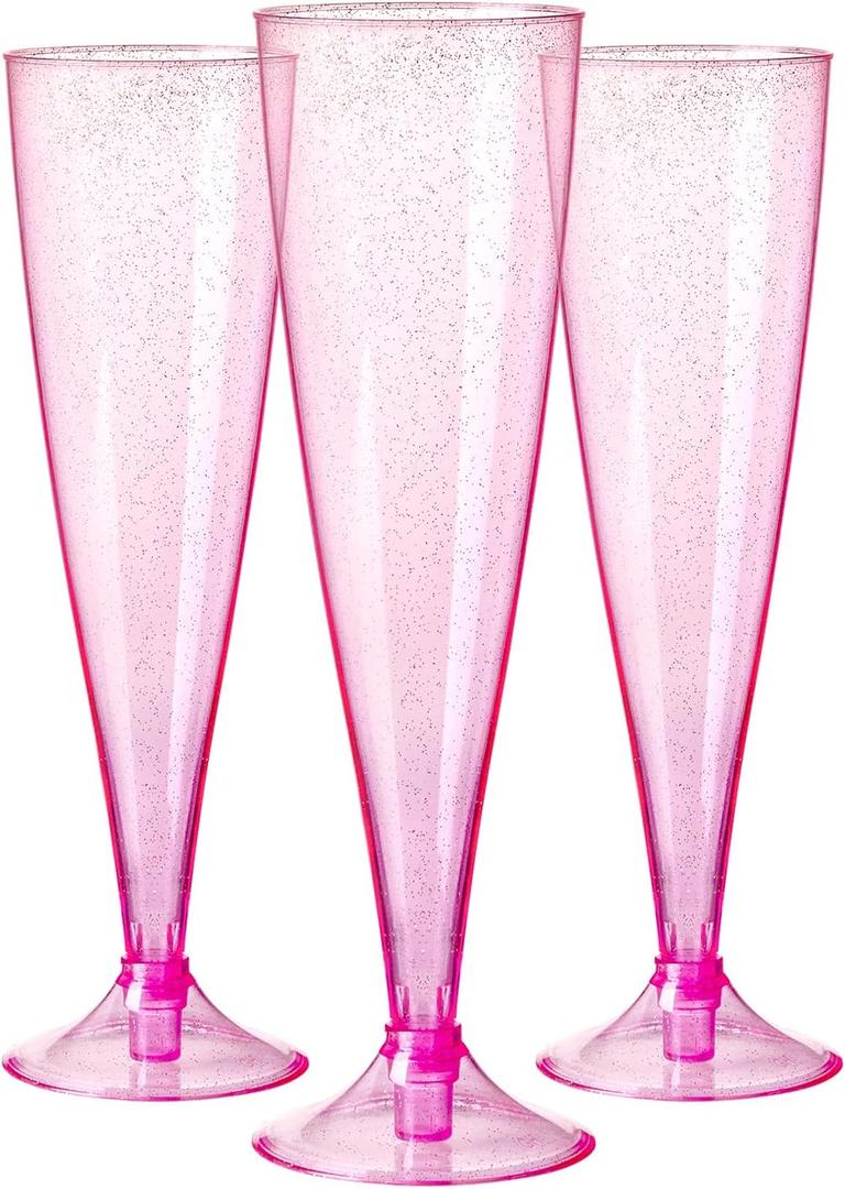 Homy Feel Pink Glitter Plastic Pink Wine Glasses 30 Pack,5 OZ Champagne Flutes Disposable for Party,Plastic Champagne Flutes,Mimosa Bar Glasse Supplies