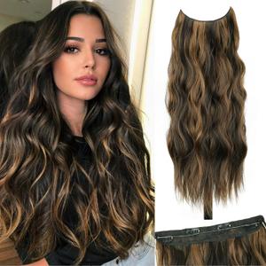 Halo Hair Extensions with Invisible Wire 20 Inch Balayage Dark Brown Hair Extensions with Chestnut Highlight and 4 Secure Clips Wavy Synthetic Hair extensions for Women Daily Part Use