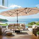 SUPERJARE 13ft Outdoor Patio Umbrella with Solar Lights, Double-sided Deck Pool Umbrella with 1.5 Inch Pole, Fade Resistant Canopy, 12 Sturdy Ribs, for Porch, Market, Backyard, Beige (No Base)