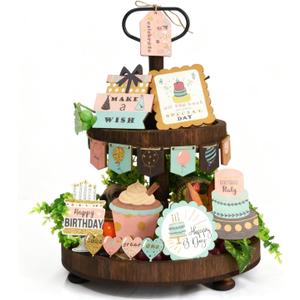 18 Pcs Happy Birthday Tiered Tray Decorations - Farmhouse Table Decor Tray Decor, Wooden 3D Decor Accents for Home, Shelf, and Party