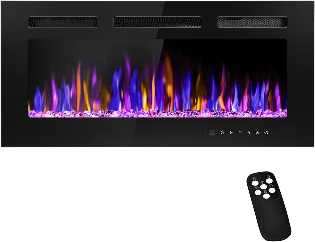 36" Electric Fireplace Wall Mounted and Recessed with Remote Control, 750/1500W Ultra-Thin Wall Fireplace Heater W/Timer Adjustable Flame Color and Brightness, Log Set & Crystal Options