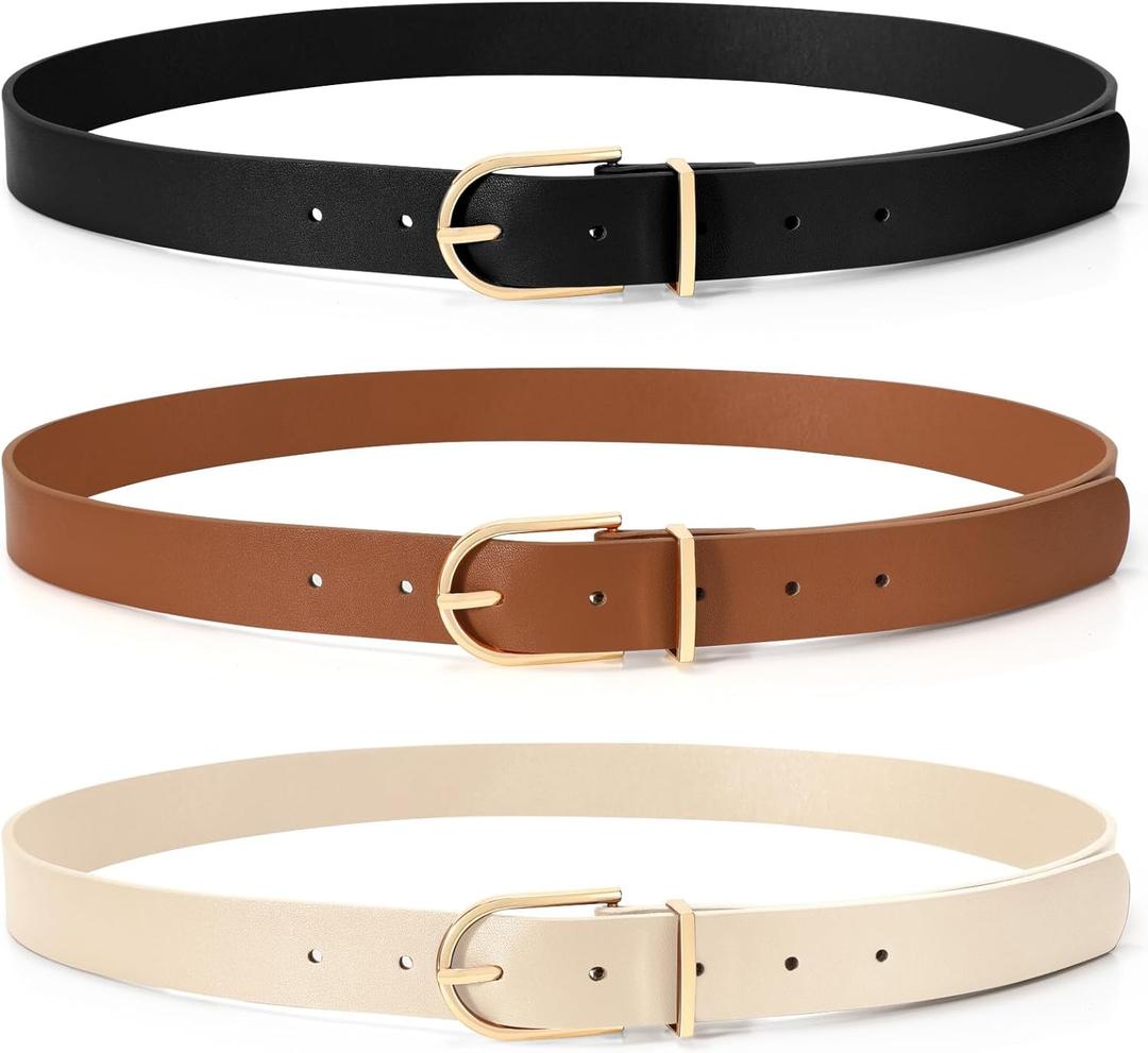SUOSDEY 2 Pack 3 Pack Womens Fashion Leather Belts for Jeans Dresses Pants Black Brown Beige Ladies Belts with Gold Buckle (Black)