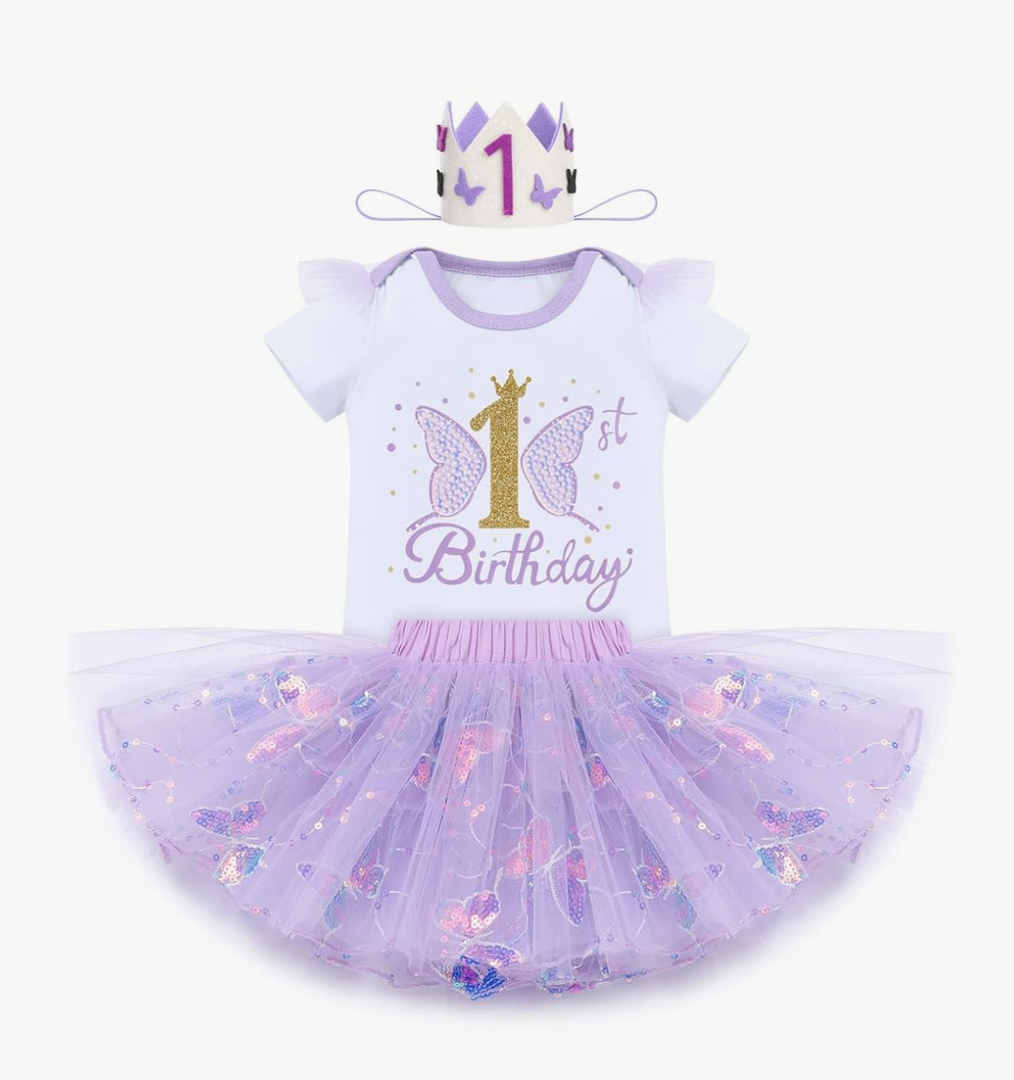 Baby Girl 1st Birthday Cake Smash Outfit Sequin Butterfly Romper Princess Tutu Dress Headband Photoshoot Clothes Size 1T