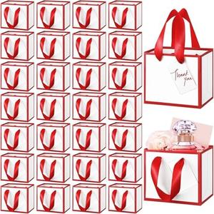 Yeaqee 50 Pcs Mini Metallic Foil Gift Bags with Handles 4x4.75x2.25'' Tiny Thank You Favor Bag Bulk with Tag for Back to School Wedding Baby Shower Birthday Summer Party(White, Red)