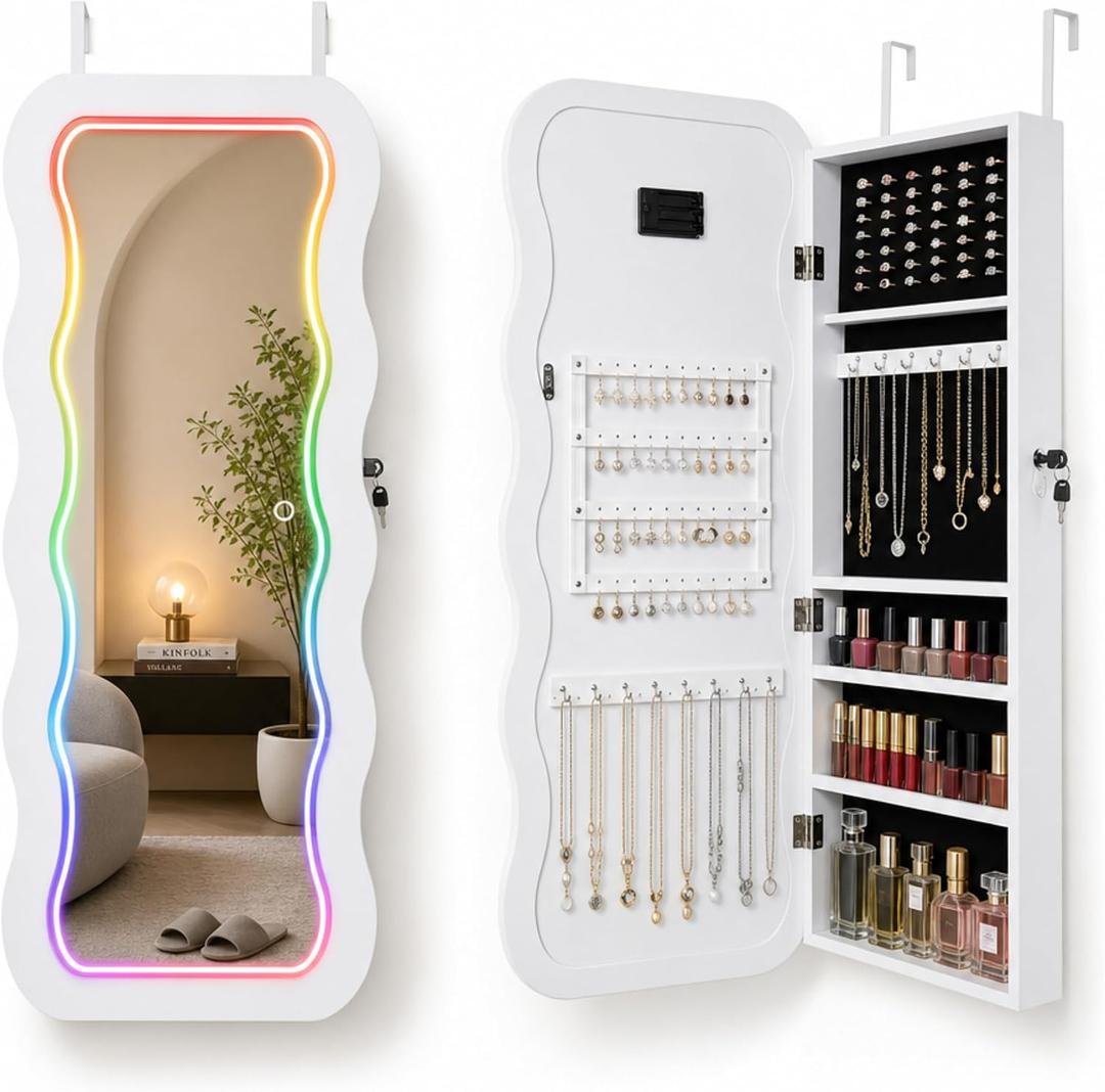 Fiqevs Wall/Door Mirror Jewelry Cabinet, Remote Control RGB Lighted Mirror | Over Door Hanging Jewelry Organizer with Full-Length Mirror and Storage, Wavy Lockable Jewelry Armoire, White