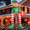 Christmas Inflatable Outdoor Decorations, 8FT Elf Christmas Inflatables, Partyotu Sitting Elf Inflatable Outdoor Decor,Blow Up Christmas Decor with LED, Gift Box for Party Lawn Garden Yard Outdoor