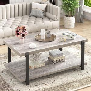 FOLUBAN Rustic Coffee Table, Modern Wood Center Table for Living Room, Industrial 2 Tier Rectangle Low Cocktail Tea Table with Storage Shelf, Light Grey, 42 inch