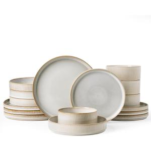 Famiware Star Dinnerware Set with Pasta Bowls, Service for 4 (16pcs), Ribbed Stoneware Plates and Double Bowls Dishes Sets - Chip & Scratch Resistant, Microwave & Dishwasher Safe, Cappuccino White