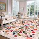 Beige Pink 8x10 Area Rugs for Living Room Boho Vintage Floral Washable Large Rug Low Pile Non Slip Stain Resistant Cottagecore Carpet Rug for Bedroom Dining Room Kids Playroom Dorm Spring Decor