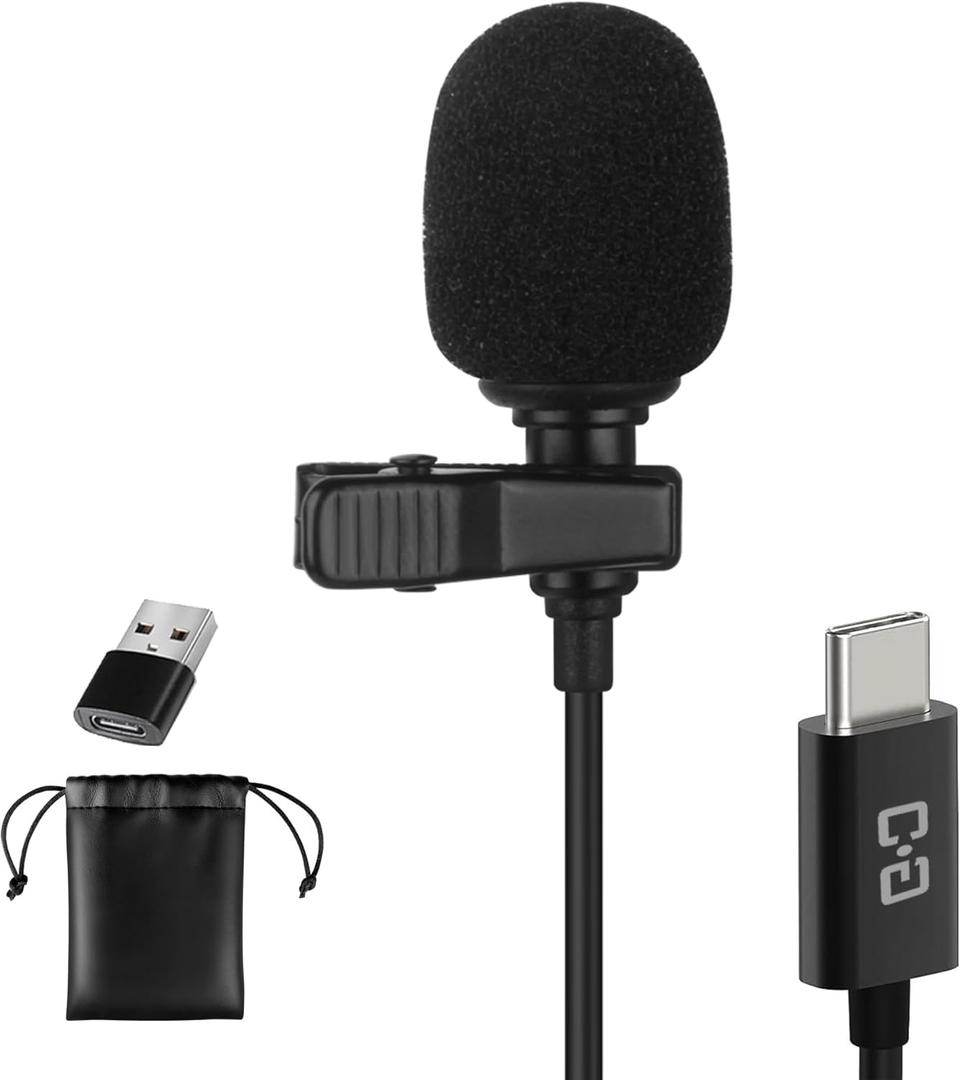 USB C Lavalier Microphone, Omni Condenser Clip-on Mic for iPhone 17/16/15, Samsung, Google, Oneplus, with USB-A for Computer & Laptop, 6.6FT, External Lapel Mic for Youtube, Interview & Podcast