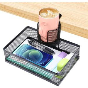 ROSYLINE 360rotation under desk drawer, Drawer Under Desk Storage Organizer, Rotary Desk Storage Organizer with Cup Holder, Clamp Drawer Basket, sturdy and durable (black)